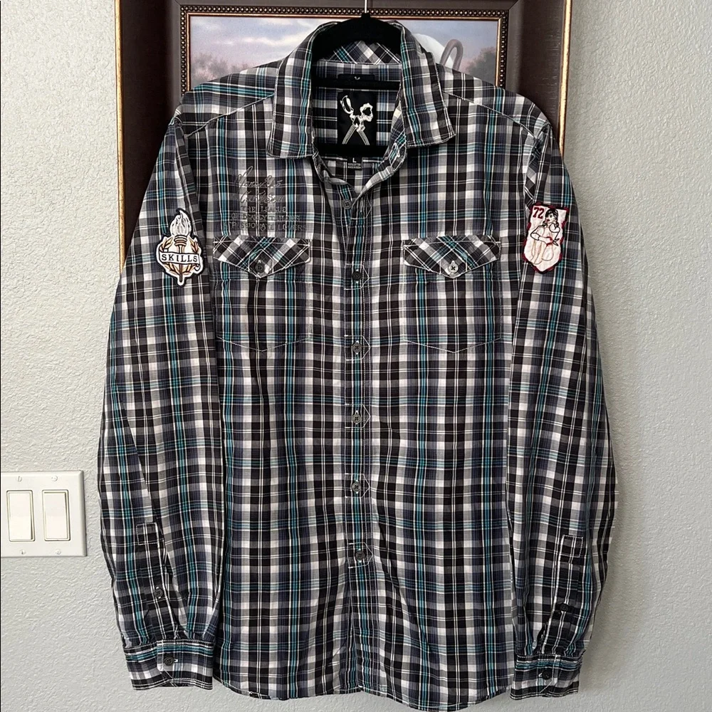 MARC ECKO Vintage 90s Streetwear L/S Button Down Shirt Blue/White Plaid Men's L
